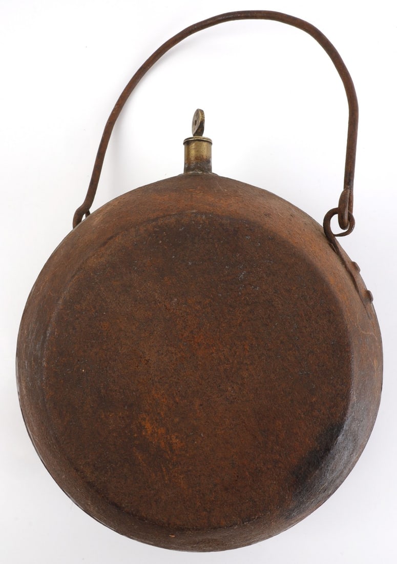 19TH CENTURY LARD & FAT CANTEEN: 19th century flask for carrying lard or fat. Screw cork is still in place and undamaged. Some light oxidation commensurate with age. 8-inch diameter. Good, original condition.