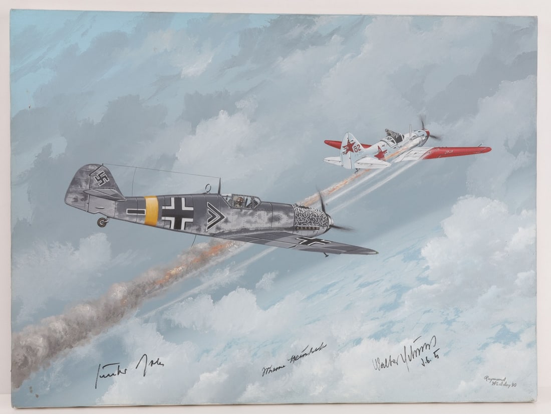 WWII GERMAN REICH BF 109 PILOT SIGNED PAINTING: Painting of a Bf-109 in combat with a Soviet plane, which is burning. The painting has been signed by three Messerschmidt Bf-109 pilots. 24.25 X 18 inches. Very good, original condition.