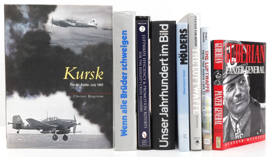 LOT OF 8 BOOKS ON THE THIRD REICH WORLD WAR HITLER: Lot of EIGHT (8) books about the Second World War. 1) The Luftwaffe by Holger Nauroth. 2) Jagdflieger Oberst Werner Molders by Ernst Obermaier. 3) Wenn Alle Bruider Schweigen by Munin Verlag. 4) Unser