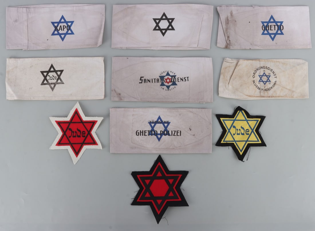 LOT 10 WWII GERMAN REICH HOLOCAUST ARMBAND & PATCH: Collection of TEN (10) armbands, including: (Warsaw Ghetto Police, Jewish Ghetto Police, Ghetto Medical Services, Star of David (3), and Kapo of Jewish Barracks) and three Star of David patches. Unaut