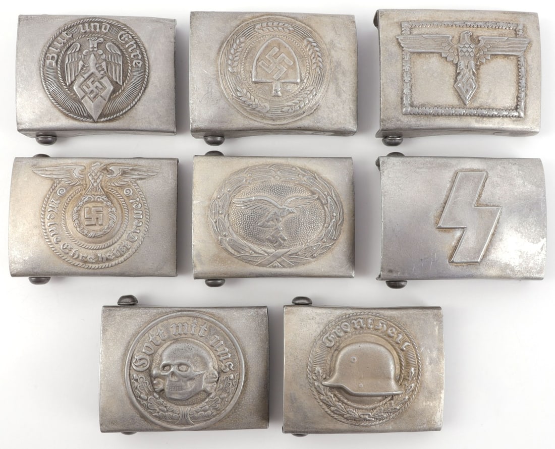 LOT OF 8 WWII GERMAN THIRD REICH BELT BUCKLES: Lot of EIGHT (8) belt buckles from the German Third Reich. Organizations included: SS, SS Totenkopf, Luftwaffe, Labor Front, Hitlerjugend, Jungvolk, Stahlhelm, and Studentenbund. All are approximately
