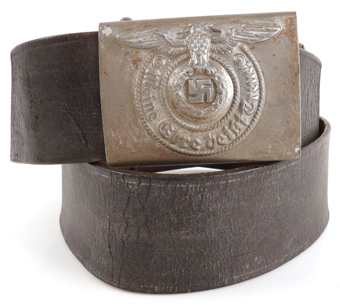 WWII GERMAN SS ENLISTED MAN BELT AND BUCKLE: Both unmarked. Steel buckle measures approx. 2.5 inches. 34-inch belt. This lot has a reserve.