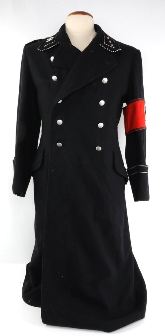 WWII GERMAN THIRD REICH SS LAH OVERCOAT: Wool coat with alternating black and silver bullion wire. Shoulder boards in same pattern. Cuff title and armband featured. RAM tag featured on interior. Large sized. Unauthenticated, sold "as is."
