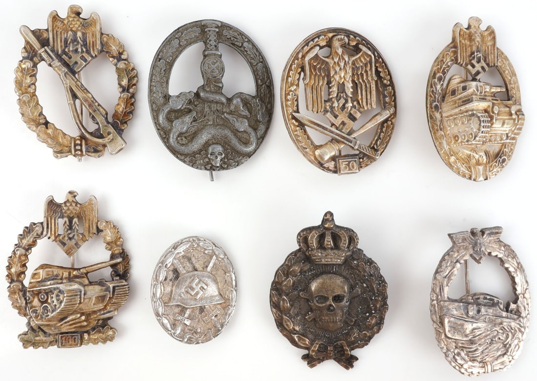 WWII GERMAN THIRD REICH WEHRMACHT BADGES LOT OF 8: Army Tanks Assault badge (100 Assaults), Kriegsmarine E-Boat badge, Army Anti-Partisan Warfare badge, Army Infantry Assault badge, Army Tanks Assault (3 Assaults), WWII Wound badge, Army General Assau