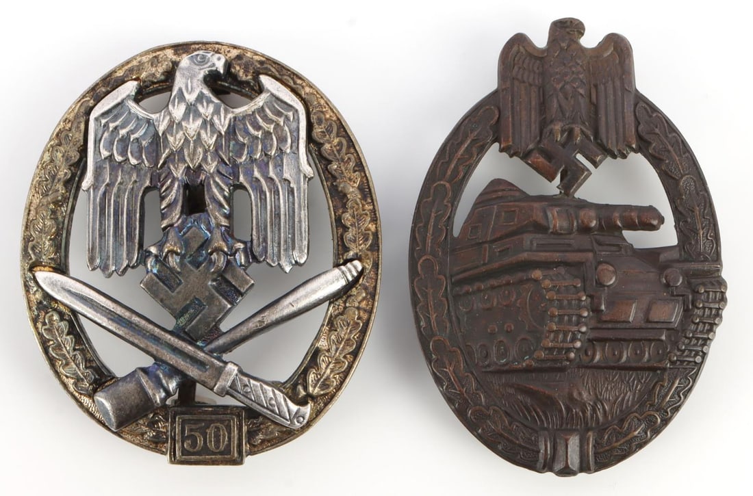 WWII GERMAN PANZER & GENERAL ASSAULT BADGE: Neither is maker stamped. Exceptional detail. General Assault has stout pin to a point. Panzer has pin to a flat end. Each is in very good condition.