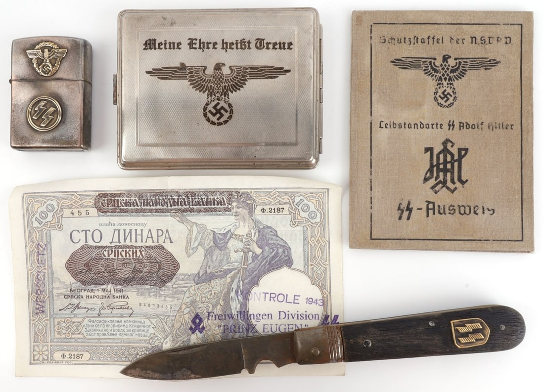 WWII GERMAN THIRD REICH PERSONAL EFFECTS LOT OF 5: 1) Ausweis for LSSAH member. 2) Reichsbank note stamped for SS-Prinz Eugen. 3) Waffen-SS cigarette case. 4) Waffen-SS cigarette lighter. 5) Waffen-SS pocket knife.