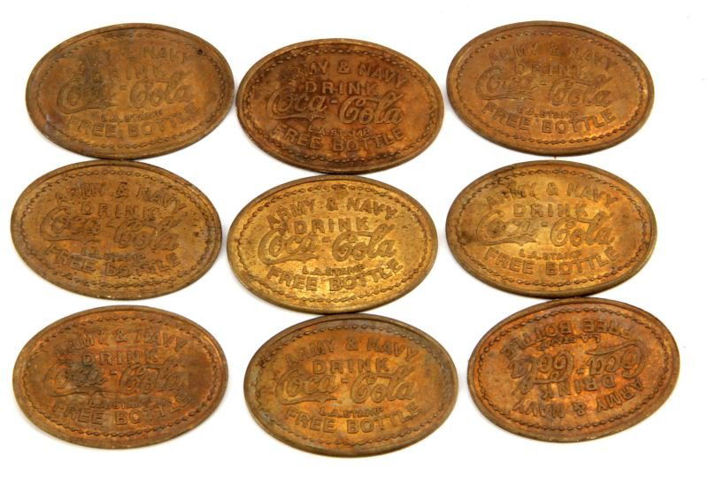 NINE ARMY & NAVY DRINK COCA-COLA TOKEN: Group of nine Army & Navy Drink Coca-Cola L.A. Stamp free bottle brass token. All are in very good condition.