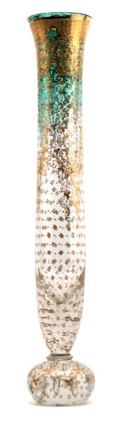 ANTIQUE CONTROLLED BUBBLE TALL VASE WITH GOLD TRIM: A tall (19.75 inches) paperweight base vase featuring controlled bubble form. Hand gilded with scrolls and grape motif. Reminiscent of Pairpoint or Steuben glass Overall very good condition with minor