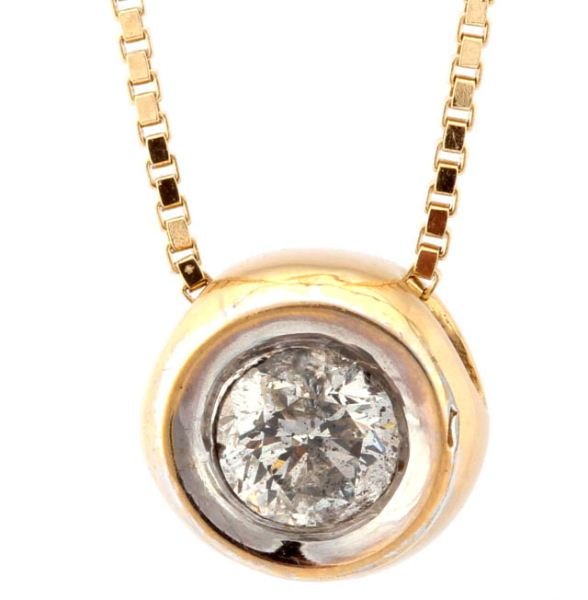 LADIES 14K YELLOW DIAMOND PENDANT: Simple elegance... gold tube is 7.4mm in diameter, 4.2 mm thick, containing one round brilliant cut diamond weighing approximately 5/8 cts (.625), graded H-I/ I1, faces up well. Tube setting delivers 