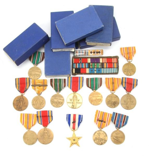 DEALERS LOT OF US WWII MEDALS: Including five Asiatic Pacific Campaign medals (one with four stars and arrowhead devices and one with Foreign service bar), three European African Middle Eastern Campaign, one American Campaign, four