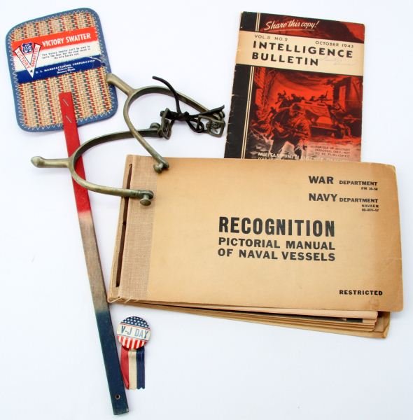 WWII US MILITARY AND HOMEFRONT ITEMS: Lot of WWII US Military and Homefront items. Items include October 1943 Intelligence Bulletin (regarding German tactics and weapons) Volume II, number 2; War Department Navy Recognition Pictorial Manu