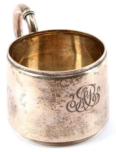 19TH C. RUSSIAN SILVER CUP: The cup, dated 1892, (4.5 inches, 146.4g) is monogrammed St.P for St. Petersburg and marked '84', bearing the mark of Grachev beneath the Imperial Warrant. In very good condition. This lot has a reser