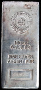 100 TROY OUNCE 999 FINE SILVER BULLION BAR: Electronically tested. Royal Canadian Mint. This lot reserved at melt.