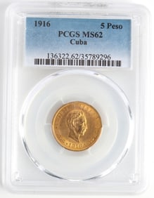 1916 5 PESO CUBA GOLD COIN PCGS MS62
