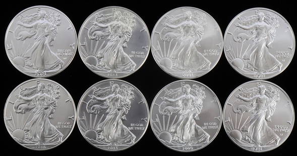 LOT 8 MIX DATE 1 OZT SILVER AMERICAN EAGLE COINS: Lot of EIGHT (8). Mixed dates. Brilliant uncirculated. This lot reserved at melt.