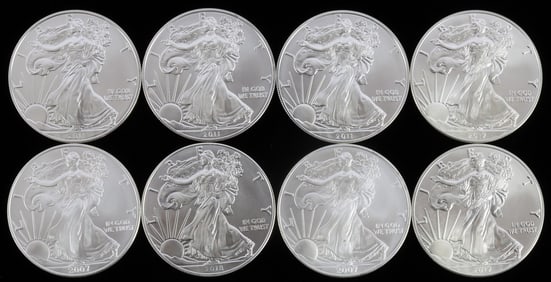LOT 8 MIX DATE 1 OZT SILVER AMERICAN EAGLE COINS