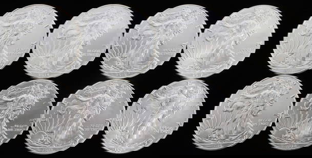 LOT 8 MIX DATE 1 OZT SILVER AMERICAN EAGLE COINS: Lot of EIGHT (8). All brilliant uncirculated. Mixed dates. This lot reserved at melt.