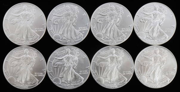 LOT 8 1 OZT OUNCE SILVER AMERICAN EAGLE BU COINS: Lot of EIGHT (8). All brilliant uncirculated. Mixed dates, all 2002, 2016, 2024, and 2025. This lot reserved at melt.