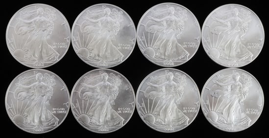LOT 8 2002 1 OZT OUNCE SILVER AMERICAN EAGLE COINS