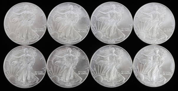 LOT 8 2002 1 OZT OUNCE SILVER AMERICAN EAGLE COINS: Lot of EIGHT (8). All brilliant uncirculated. All 2002. This lot reserved at melt.