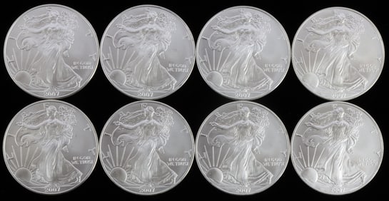 LOT 8 2007 1 OZT OUNCE SILVER AMERICAN EAGLE COINS