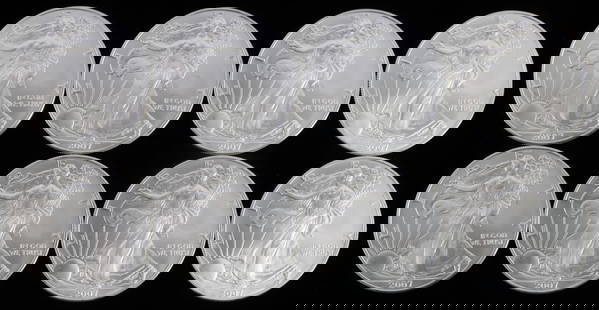 LOT 8 2007 1 OZT OUNCE SILVER AMERICAN EAGLE COINS: Lot of EIGHT (8). All brilliant uncirculated. This lot reserved at melt.