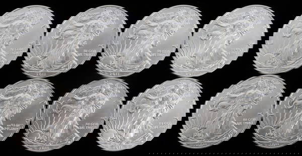 LOT 8 2011 1 OZT OUNCE SILVER AMERICAN EAGLE COINS: Lot of EIGHT (8). All brilliant uncirculated. This lot reserved at melt.