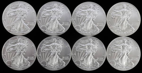 LOT 8 2014 1 OZT OUNCE SILVER AMERICAN EAGLE COINS: Lot of EIGHT (8). Brilliant uncirculated. This lot reserved at melt.