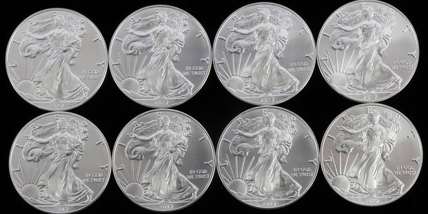 LOT 8 2017 1 OZT OUNCE SILVER AMERICAN EAGLE COINS: Lot of EIGHT (8). All brilliant uncirculated. This lot reserved at melt.
