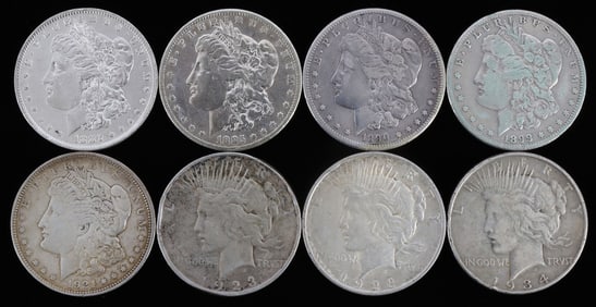 LOT 8 MIX DATE SILVER PEACE & MORGAN DOLLAR COINS