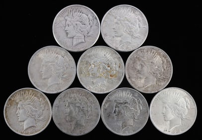 LOT OF 9 MIXED DATE SILVER PEACE DOLLAR COINS