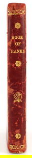 BOOK OF RANKS BRITISH ARISTOCRATIC PRIMER BOOK: Red board and leather-bound book, "A Book Explaining the Ranks and Dignities of British Society, Intended for the Instruction of Young Persons, with Twenty-Four Colored Engravings. Dedicated to
