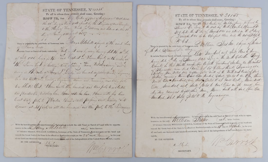 LOT 2 TENNESSEE GOVERNOR CARROLL SIGNED LAND GRANT: Lot of TWO (2) land grants, both signed by Governor William Carroll of Tennessee, the longest serving Governor in the history of the state. Documents are in very good, original condition.