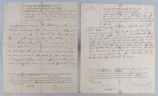 LOT 2 TENNESSEE GOVERNOR CARROLL SIGNED LAND GRANT: Lot of TWO (2) land grants, both signed by Governor William Carroll of Tennessee, the longest serving Governor in the history of the state. Documents are in very good, original condition.