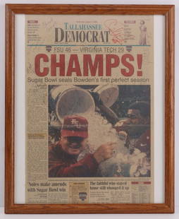 2000 TALLAHASSEE DEMOCRAT FSU TEAM SIGNED BOWDEN: 2000 FSU Sugar Bowl Champs, team signed newspaper including Bobby and Jeff Bowden. Framed. 18 X 21 inches. Good, original condition. This lot has a reserve.
