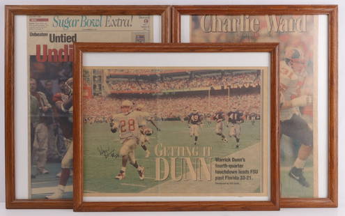 CHARLIE WARD WARRICK DUNN SIGNED NEWSPAPER: Also includes Peter Dunn, 2000 Sugar Bowl Champs, January 5, 2000. Tallahassee Democrat. All framed. 18 X 21 inches. This lot has a reserve.