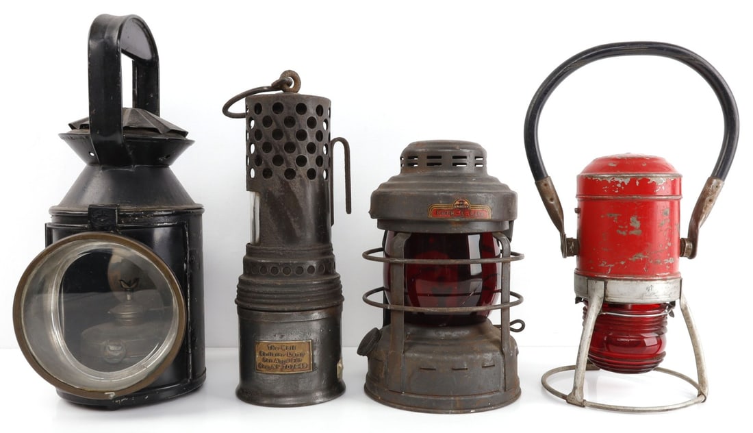 LOT OF 4 RAILROAD LANTERNS STAR LUCK E LITE WOLF: Lot of FOUR (4). All in very good, original condition, the red Star has what may be a British broad arrow stamp, possible military. None have railroad stampings.