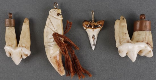 4 SCRIMSHAW BEAR SHARK TOOTH LOT