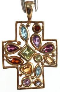 10K YELLOW GOLD MULTI GEMSTONE CROSS PENDANT: Stamped "10K" on bail. Stones are garnet, citrine, amethyst and topaz. In very good condition. 1.25 X 1 inch. Total weight: 3.21 grams. This lot has a reserve.