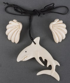 WHALE SCRIMSHAW WALRUS TUSK IVORY PENDANT EARRINGS