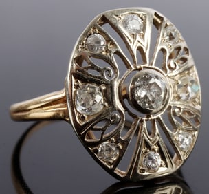14K TWO TONE GOLD ANTIQUE DIAMOND SHIELD RING 8.5