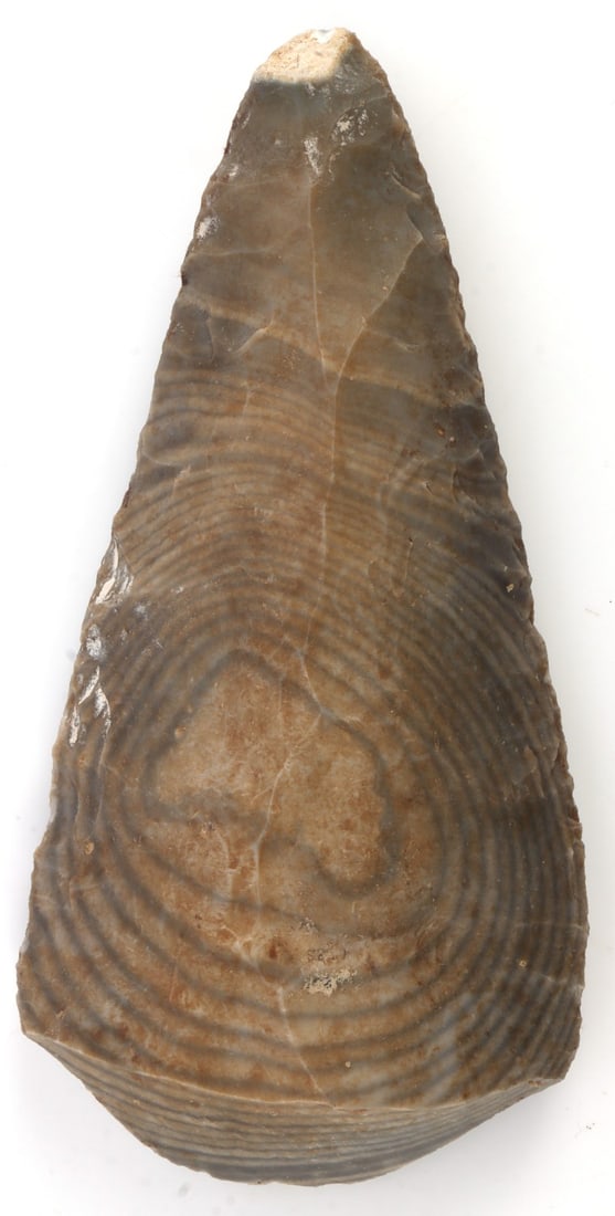 7.5 IN PRE COLUMBIAN MAYAN BI FACIAL LITHIC BLADE: Seller believes Guatemalan provenance. Bullseye obverse and reverse. This lot has a reserve.