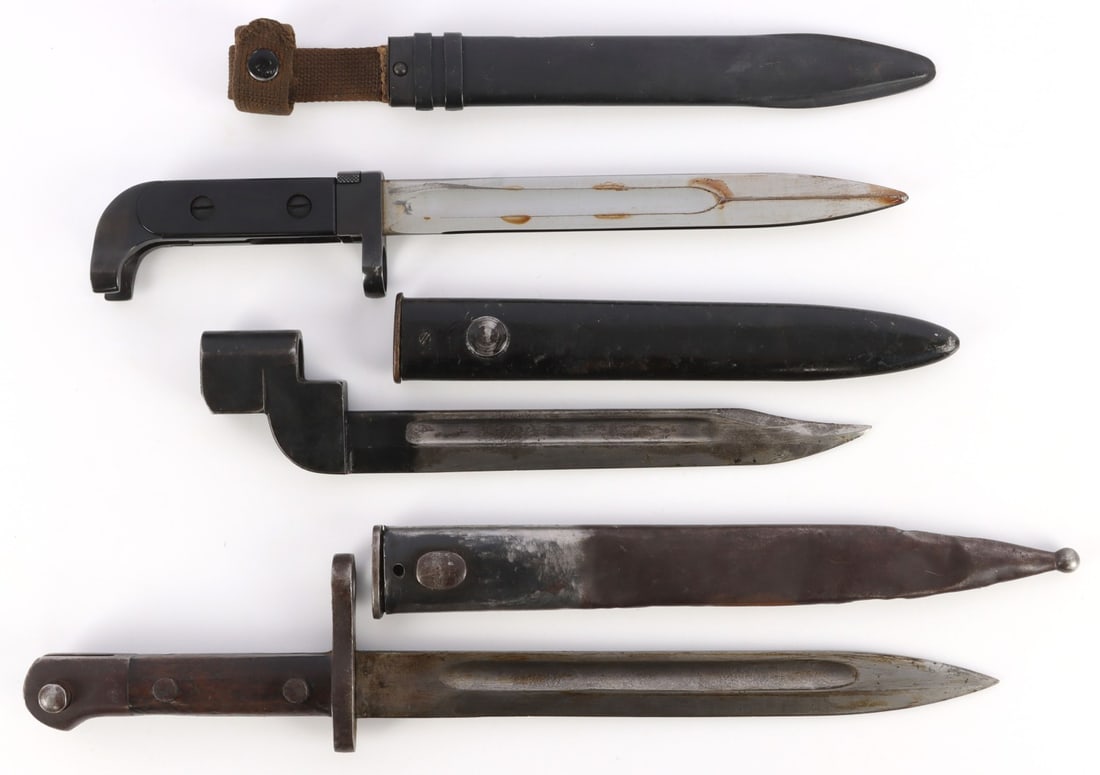 WWII BAYONET LOT BRITISH GERMAN RUSSIA AK: NO9 MK1 British, German Mauser, and Russia AK. All in very good, original condition.