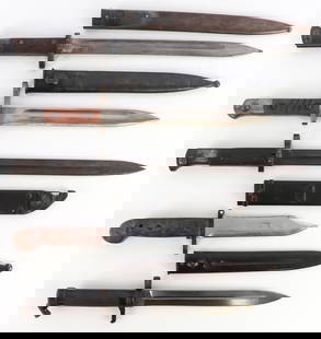 LOT OF 5 BAYONETS AK 47 CZECH FINNISH GERMAN: Lot of FIVE (5). One of the Czech Bayonets is without a scabbard., All with good clean blades. This lot has a reserve.