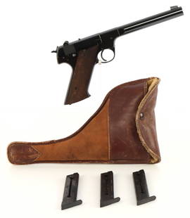 HI-STANDARD MODEL H-D MILITARY .22LR TARGET PISTOL: Hi-Standard Model H-D Military semi-automatic rimfire target pistol. 6.75-inch barrel. Adjustable rear sight and walnut grips. Includes four (4) magazines and leather holster. Very good condition.