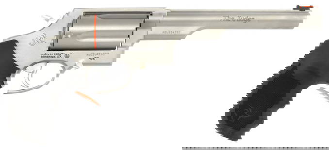 TAURUS JUDGE .45 COLT .410 BORE DA/SA REVOLVER NIB: New in box Taurus Judge DA/SA revolver. Matte stainless finish, 6.5-inch barrel, 5-round capacity, 2.5-inch chamber. FFL required for transfer. No international shipping. Know your state's firearm