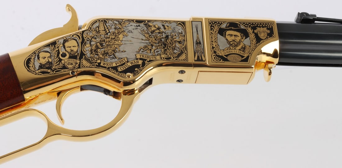 UBERTI WEST POINT TRIBUTE 1860 HENRY RIFLE .44-40: Uberti limited edition West Point Association of Graduates "America Remembers" series 1860 Henry lever-action repeating rifle, cal .44-40 Winchester. Numbered 297 of 300. Blued steel with 24kt gold pl
