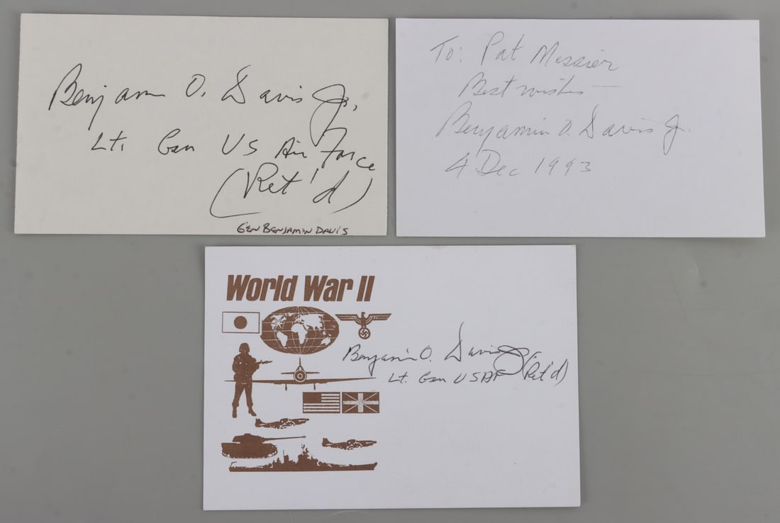 LOT 3 GENERAL BEN DAVIS TUSKEGEE AIRMAN SIGNATURE: Lot of THREE (3) index cards, each signed by General Ben Davis, best known for his time with the Tuskegee Airmen. These signatures have been compared to known historic examples and deemed authentic ac