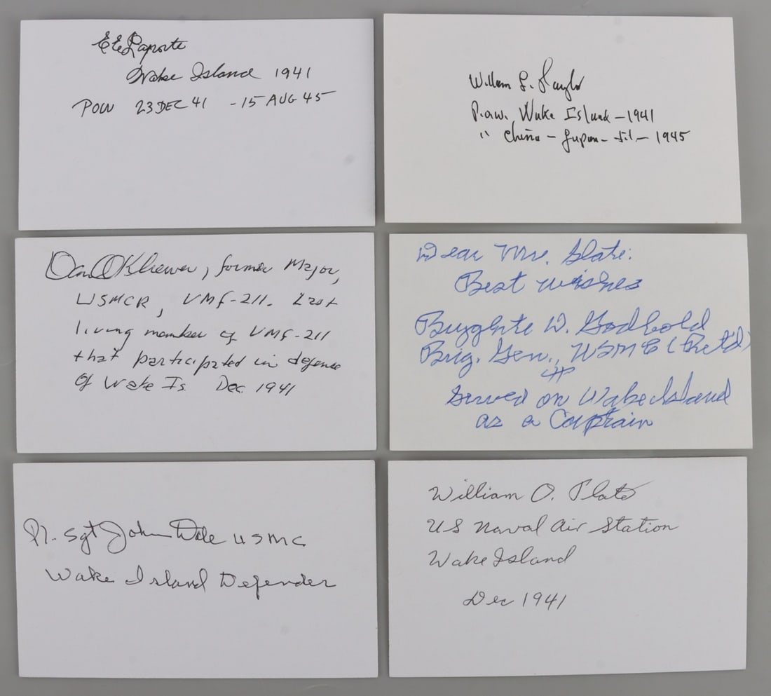 LOT OF 6 WWII US WAKE ISLAND DEFENDERS SIGNATURES: Lot of SIX (6) signatures from the defenders of Wake Island during the Japanese invasion. Very good, original condition.
