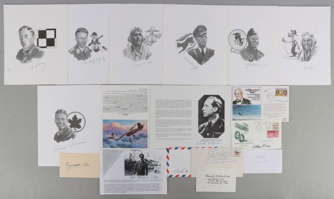 LOT MIXED SIGNED DOCUMENTS WWII AXIS & ALLIES: Includes American, Polish, British, and German pilot signatures, on various types of paper. Includes aces and other notable aviators. Very good, original condition.